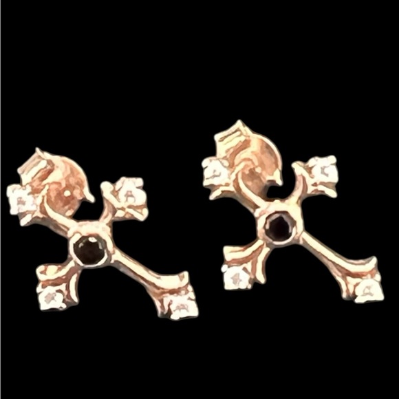 Rose gold plated Cross design earrings tiny clear CZ & black enamel - Picture 2 of 6